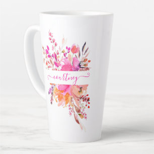 Tasse Latte Aquarelle rose vif floral personnalisé