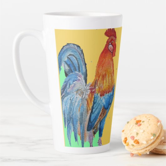 Tasse Latte Aquarelle rouge Cockerel Chicken Art (En situation)