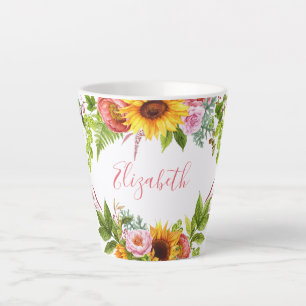 Tasse Latte Aquarelle Tournesol Floral Nom rose