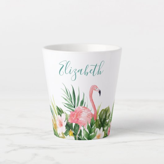 Tasse Latte Aquarelle Tropical Floral Flamant rose Nom Turquoi (Devant)