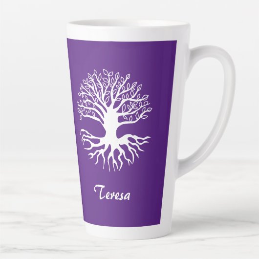 Tasse Latte Arbre de vie violet et blanc Monogramme (Droite)