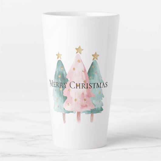 Tasse Latte Arbres de Noël verts roses étoiles d'or (Devant)