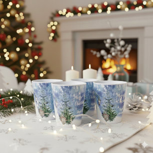 Tasse Latte Arbres enneigés à l'aquarelle bleue Lanterne Noël