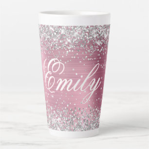 Tasse Latte Argent Personnalisé Paillettes Rose Clair Feuille