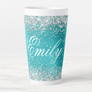 Tasse Latte Argent Personnalisé Paillettes Turquoise Bleu Feui