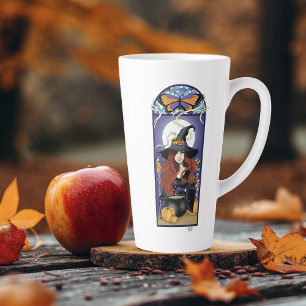 Tasse Latte Art Nouveau Sorcière d'Automne Citrouilles Lune Vi