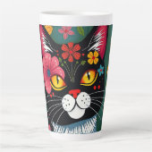 Tasse Latte Art populaire noir et blanc Chat et fleurs Whimsic (Devant)