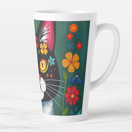 Tasse Latte Art populaire noir et blanc Chat et fleurs Whimsic (Droite)