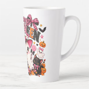 Tasse Latte Autocollant de fantôme Halloween avec un nœud rose