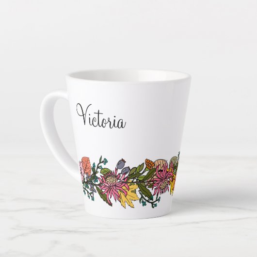Tasse Latte Automne joli modèle dessiné fleurs d'aster et feui (Angle gauche)
