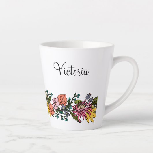 Tasse Latte Automne joli modèle dessiné fleurs d'aster et feui (Droite)