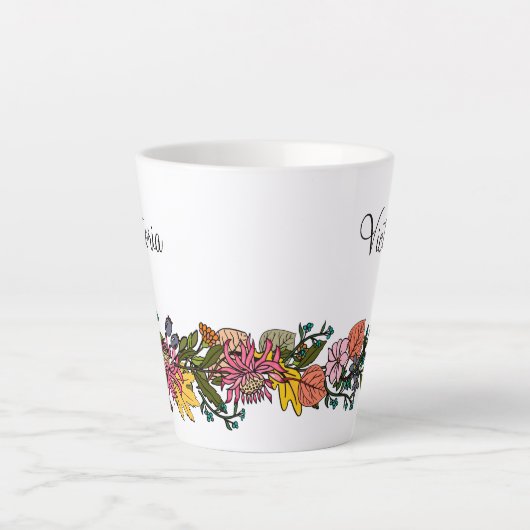 Tasse Latte Automne joli modèle dessiné fleurs d'aster et feui (Devant)