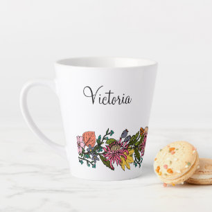 Tasse Latte Automne joli modèle dessiné fleurs d'aster et feui