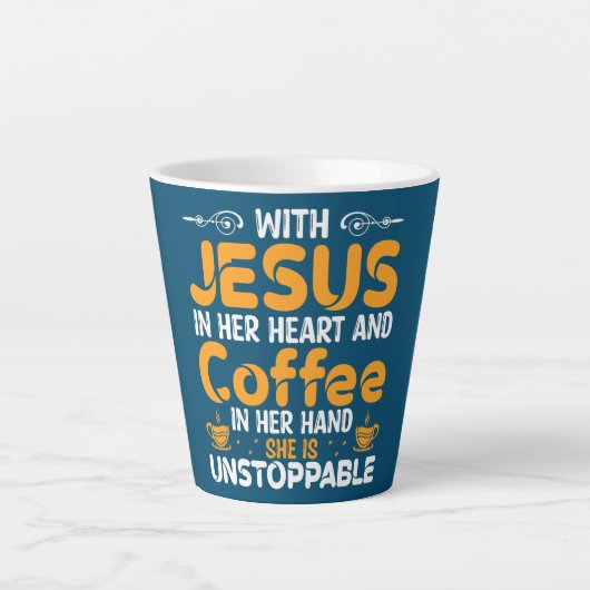 Tasse Latte Avec Jésus Dans Son Café Du Coeur Dans Sa Main, El (Devant)