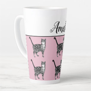 Tasse Latte Baby Pink White Tabby cat Chats Whimsical Latte Mu
