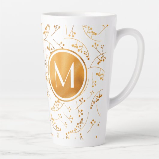 Tasse Latte Baies d'or monogramme élégant motif sur blanc (Droite)
