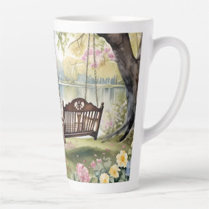 Tasse Latte Balançoire au bord du lac dans un jardin romantiqu
