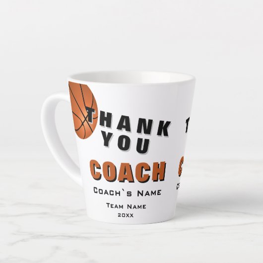Tasse Latte Basketball Ball Thank you Coach  (Angle gauche)