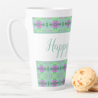 Tasse Latte Beau Turquoise Joyeux Anniversaire Purple Flowered