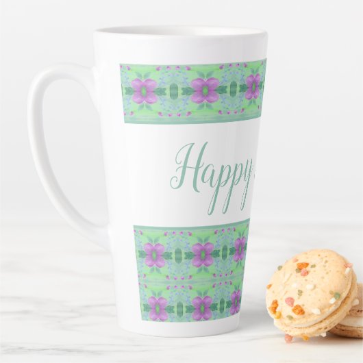 Tasse Latte Beau Turquoise Joyeux Anniversaire Purple Flowered (En situation)