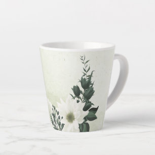 Tasse Latte Belles fleurs blanches feuilles vertes