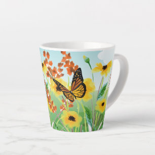 Tasse Latte Belles fleurs jaunes ciel bleu et papillon