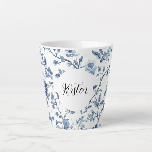 Tasse Latte Blanc Bleu Floral Chic (Devant)