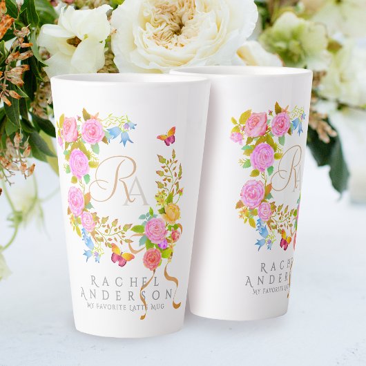 Tasse Latte Blanche à Monogramme de Jardin Fleuri
