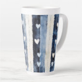Tasse Latte Bleu Blanc Denim Coeur rayures Anniversaire (Angle droit)