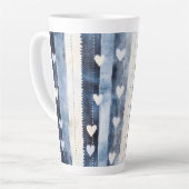 Tasse Latte Bleu Blanc Denim Coeur rayures Anniversaire (Angle gauche)