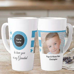 Tasse Latte Bleu blanc tellement chanceux Papy avec photo