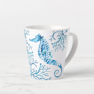 Tasse Latte Bleu côtier Hippocampe et corail Aquarelle