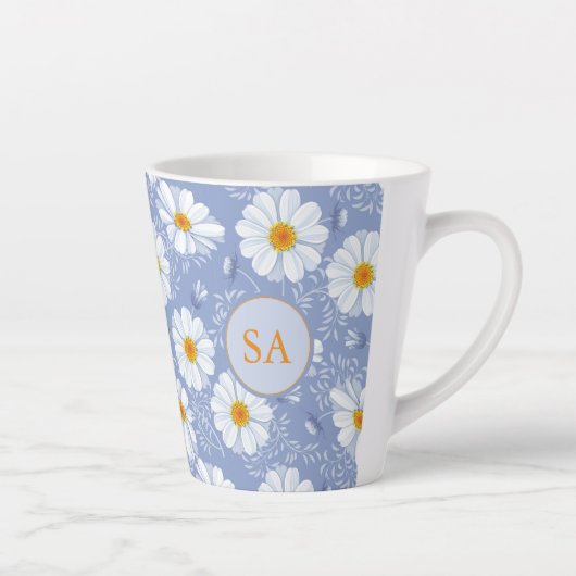 Tasse Latte Bleu Floral Monographique, Orange, Blanc (Droite)