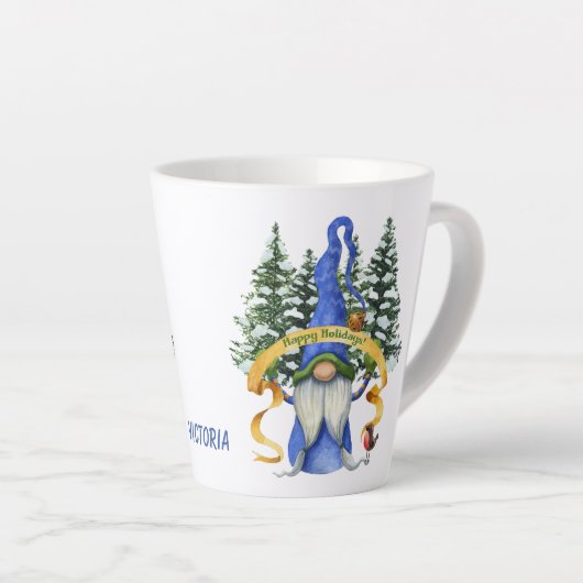 Tasse Latte Bleu Gnome voeux de vacances personnalisées (Angle droit)