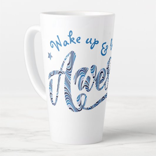 Tasse Latte Bleu rayé "Réveillez-vous et soyez génial" Motivat (Angle gauche)