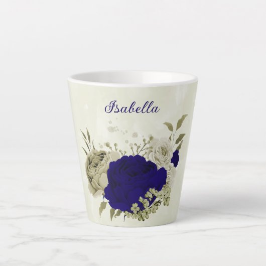 Tasse Latte Bleu royal beige floral  (Devant)