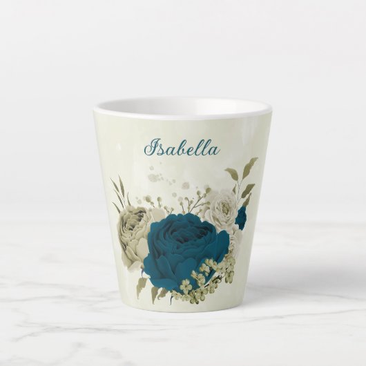 Tasse Latte bleu sarcelle beige floral (Devant)