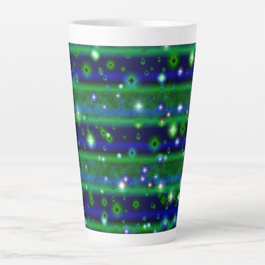 Tasse Latte Bleu vert rayures avec étoiles et Raindrops (Devant)