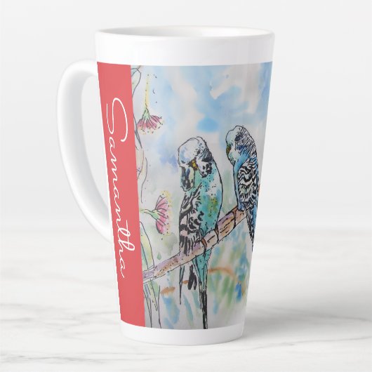 Tasse Latte Blue Budgie Budgies Parrots Watercolor Womans Name (Angle gauche)