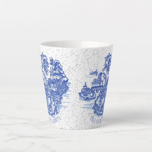 Tasse Latte Blue Willow Rabbit Island Whimsical Cracky Look L (Devant)