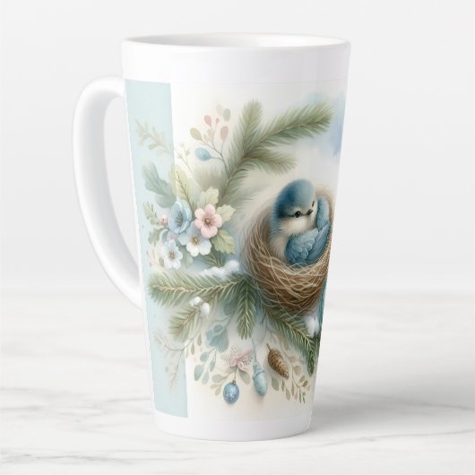 Tasse Latte Bluebird Nest with Ornaments in Winter Pines  (Angle gauche)