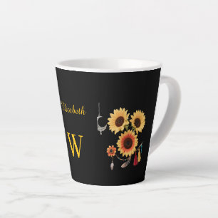 Tasse Latte Boho Sunflower Nom personnalisé Floral Cadeau noir