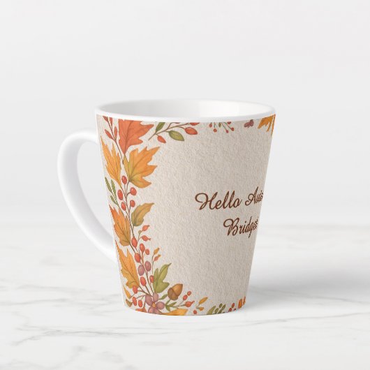 Tasse Latte bois rustique & hygge feuille bonjour automne (Angle gauche)