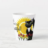 Tasse Latte Bonjour Beau! Chat avec soleil et tulipes (Devant)