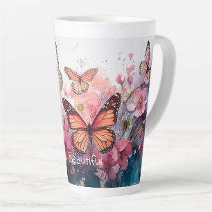 Tasse Latte Bonjour Belle, avec Papillons et Fleurs