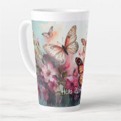 Tasse Latte Bonjour Belle, avec Papillons et Fleurs (Angle gauche)