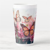 Tasse Latte Bonjour Belle, avec Papillons et Fleurs (Devant)
