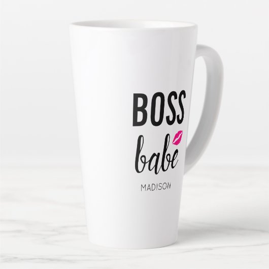 Tasse Latte Boss Babe Personnaliser | Baiser rose | Lèvres ros (Angle droit)