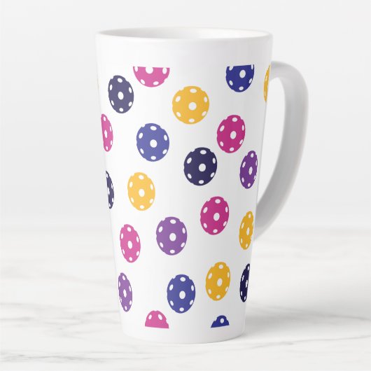 Tasse Latte 💛 Boulettes jaunes et 💜 violets sur blanc (Angle droit)