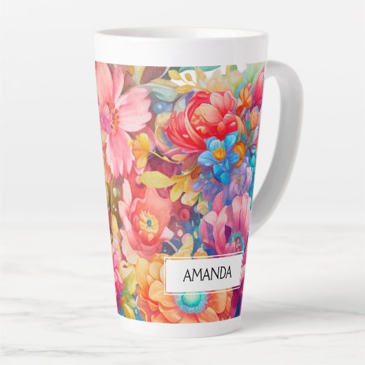 Tasse Latte Bouquet de fleurs orange et bleu Boho (Angle droit)